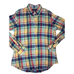 Ralph Lauren TOP Mens L 100% linen luxury colorful madras plaid premium beach ￼